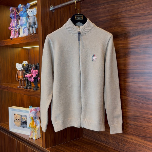 Moncler Zippered Beige Wool Cardigan