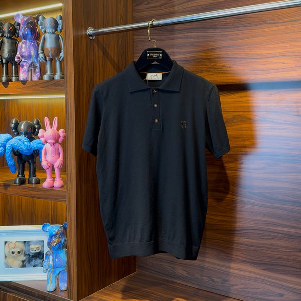 Hermes Special Fabric Polo Neck Knitwear Black Tshirt