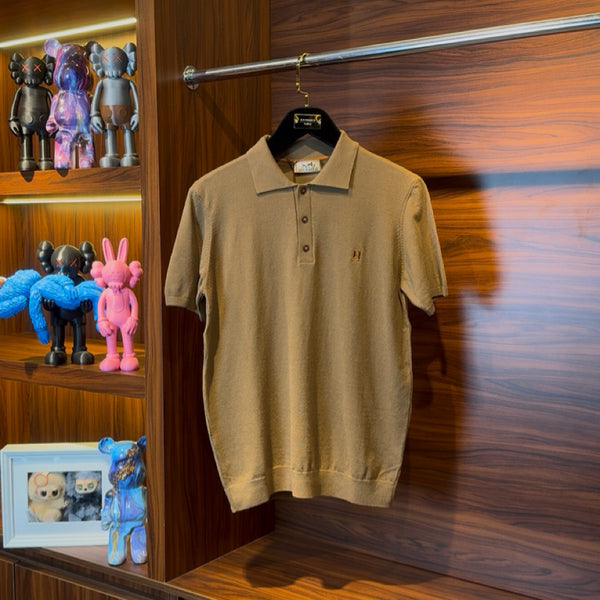 Hermes Special Fabric Polo Neck Tan Tshirt