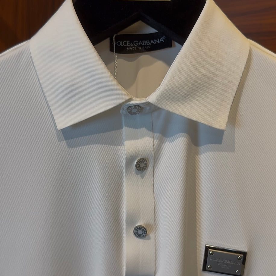 Dolce Gabbana Special Fabric Polo Neck White Tshirt